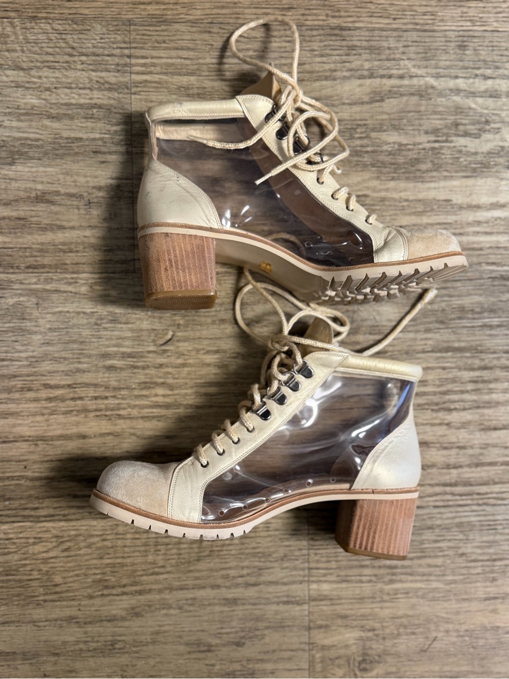 Donald J. Pliner Cream Clear Panel Lace-Up Block Heel Boots